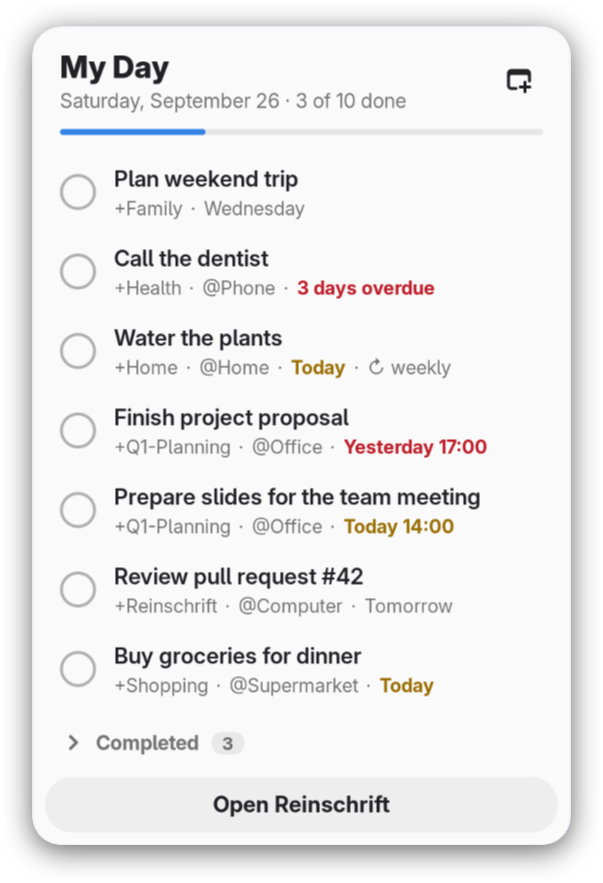 The Reinschrift menu in the GNOME top bar showing today's tasks