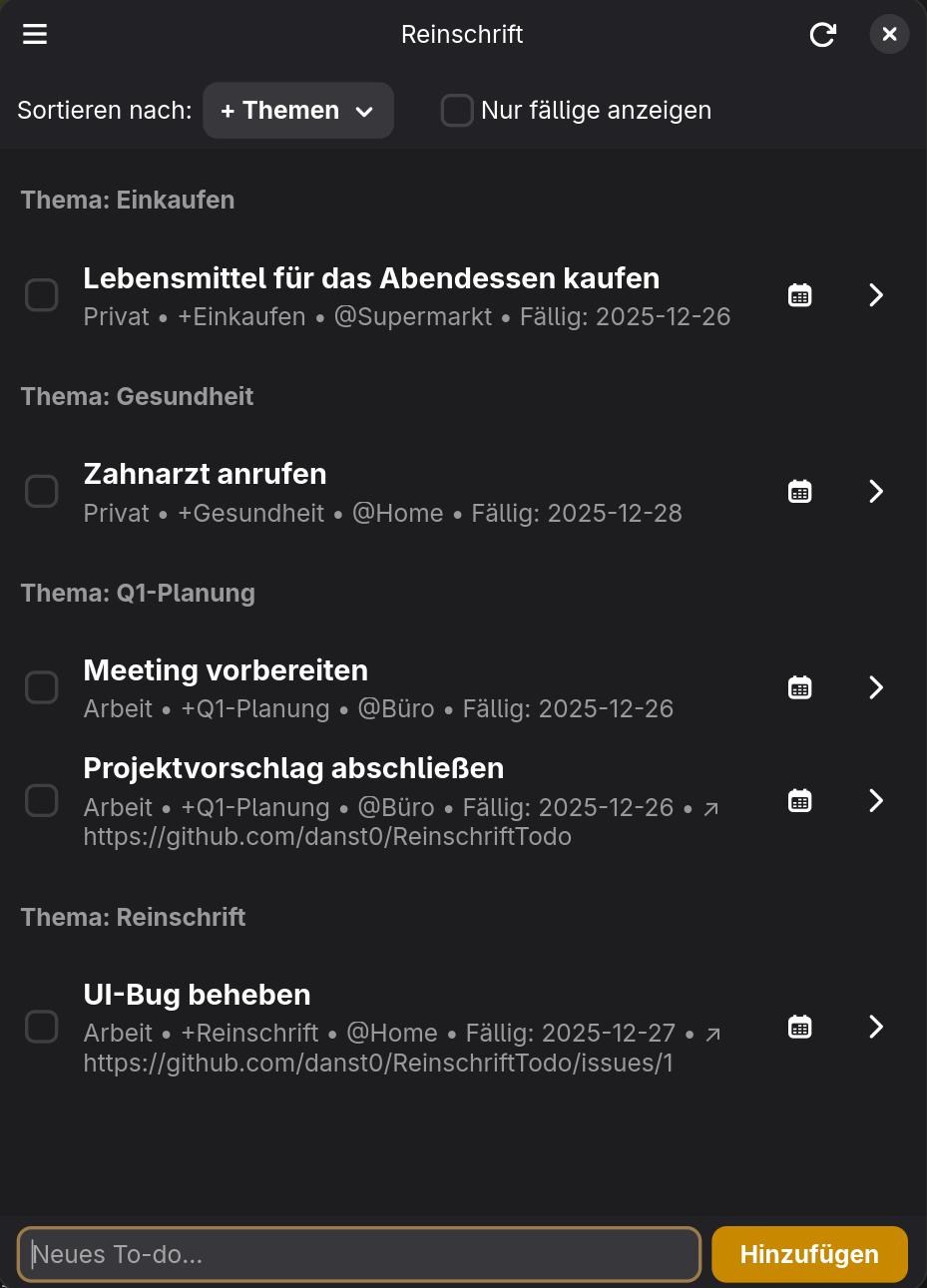 Reinschrift-GNOME-App mit Aufgaben nach Projekt gruppiert