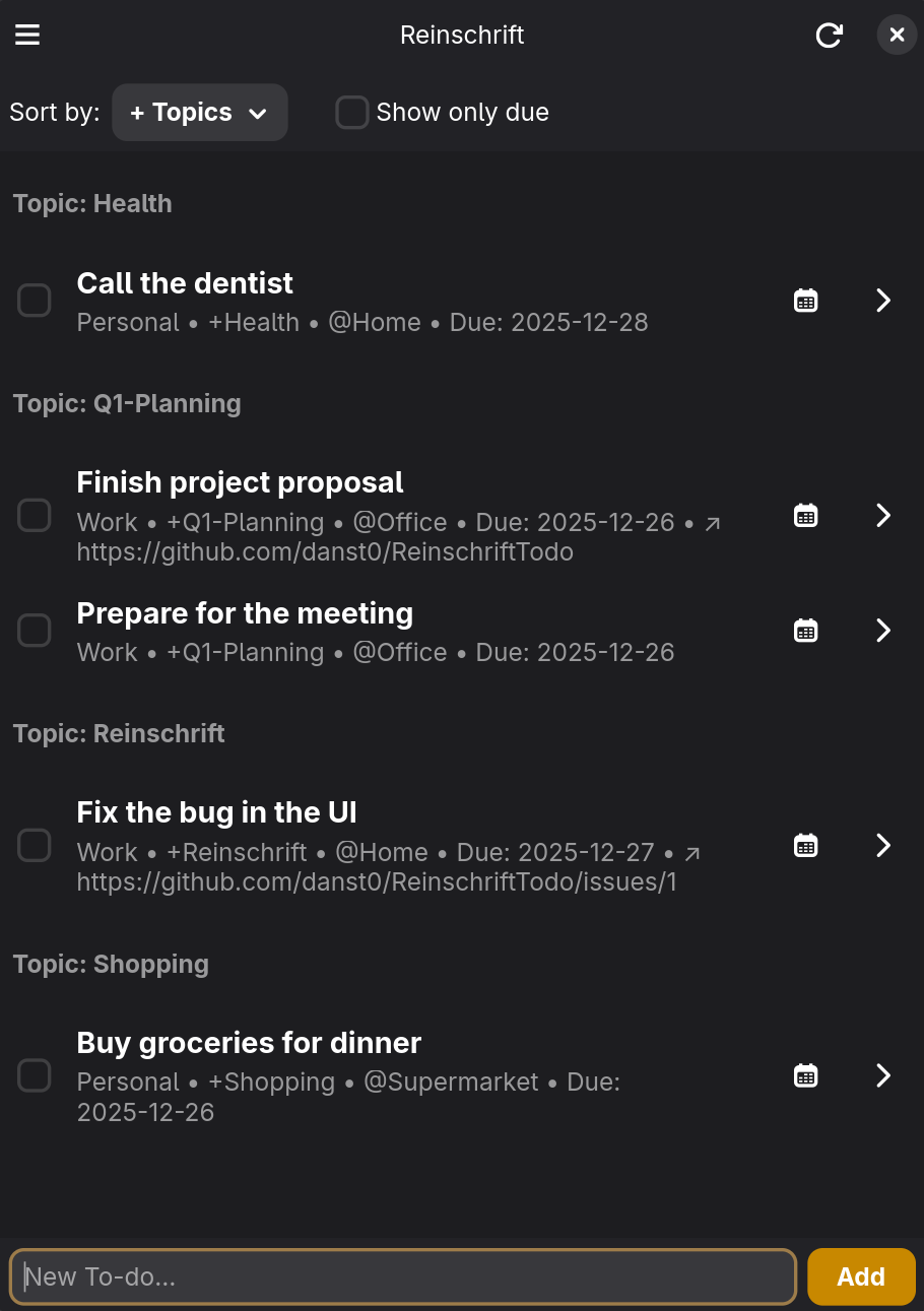 Reinschrift GNOME app showing tasks grouped by project
