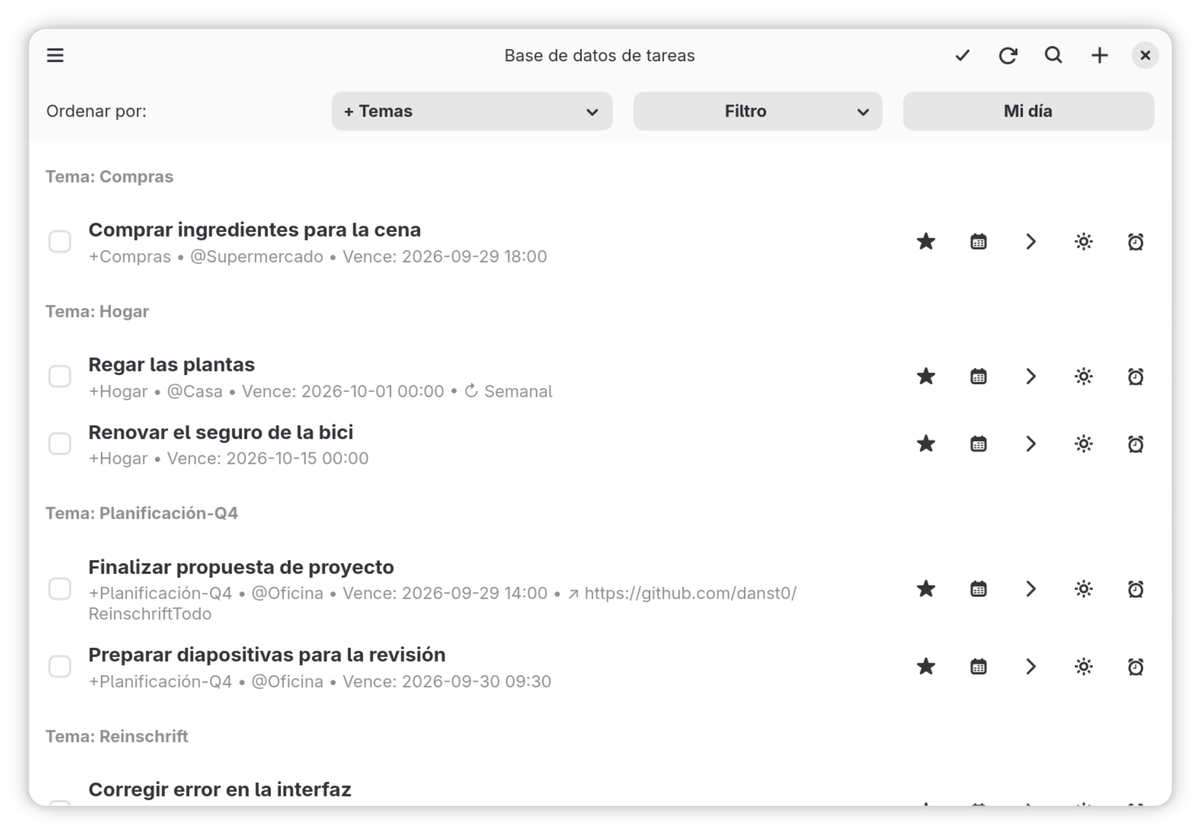 La app Reinschrift para GNOME con tareas agrupadas por proyecto