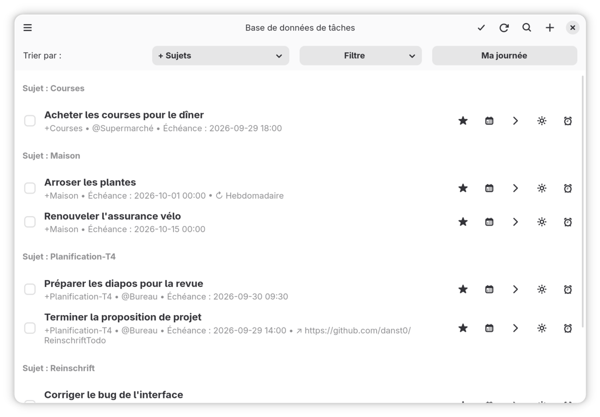 L'application GNOME Reinschrift avec des tâches regroupées par projet