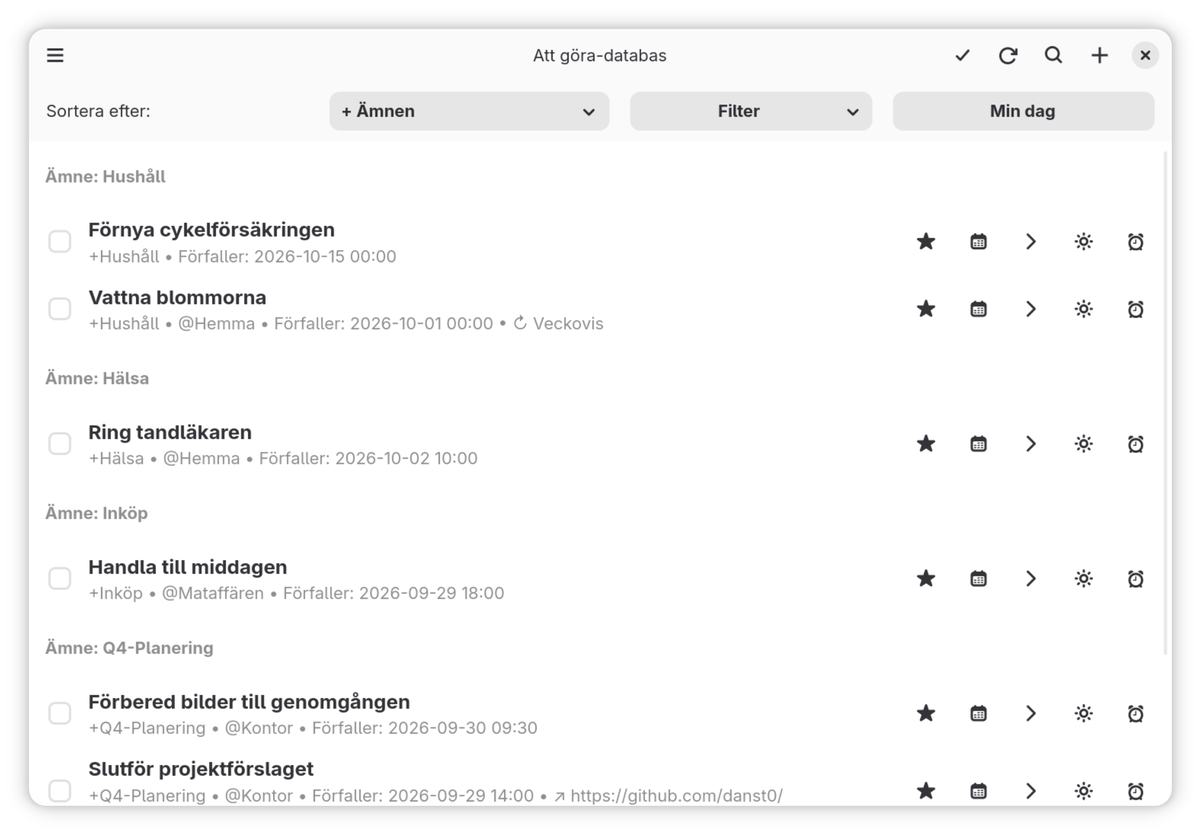 Reinschrifts GNOME-app med uppgifter grupperade efter projekt